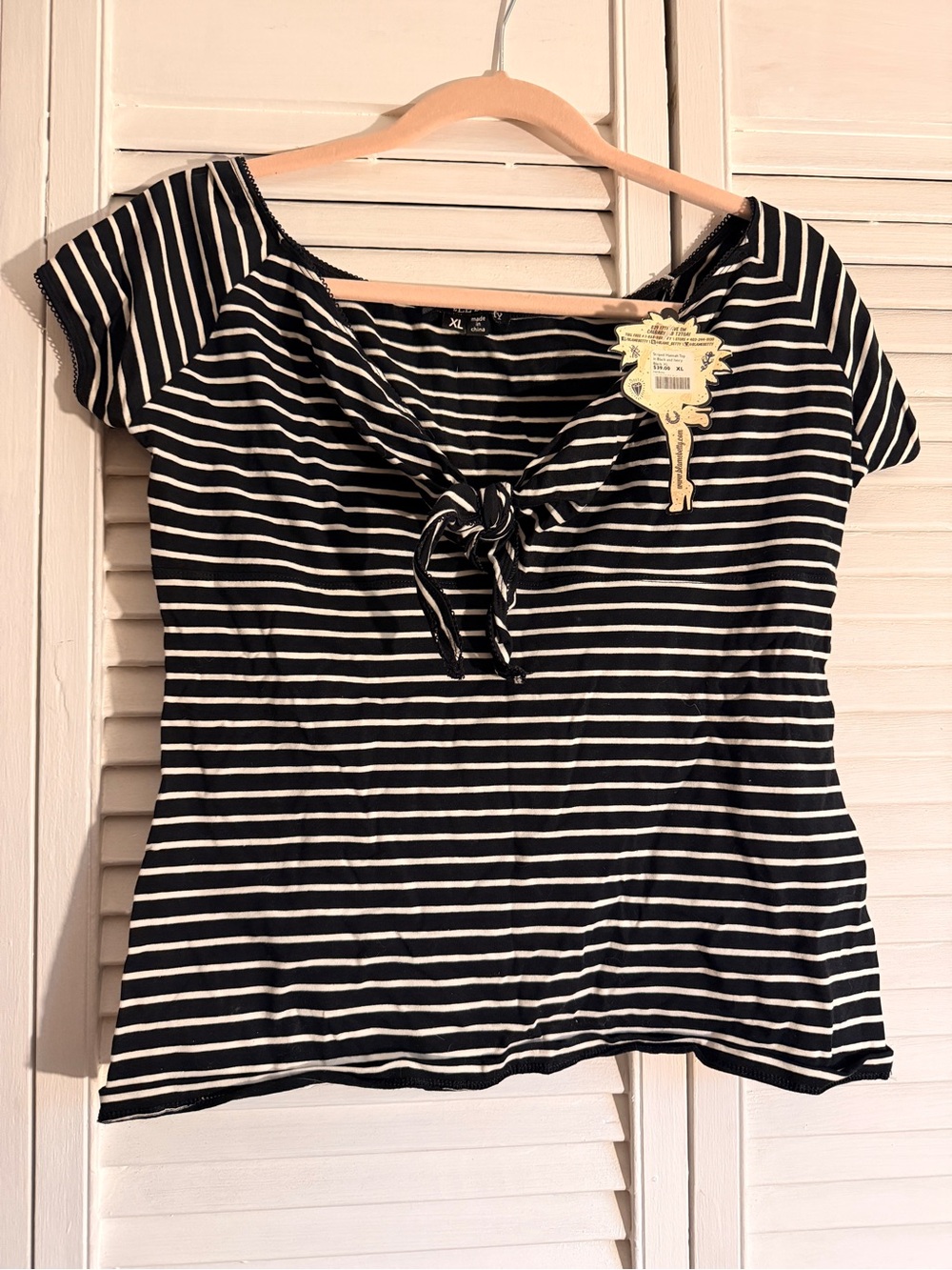 Hell Bunny Black & White Striped Tie-Front Short Sleeve Top